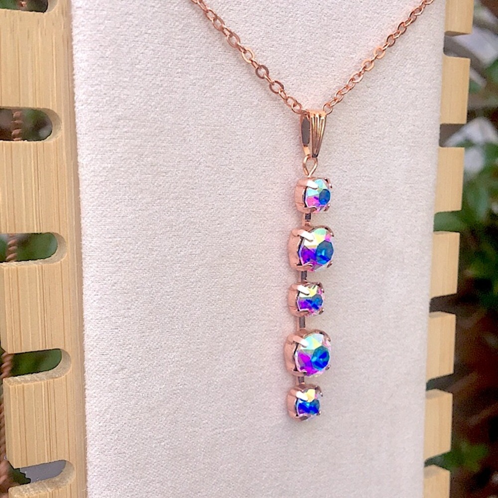 Aurora Borealis Rose Gold Crystal Drop Necklace - Picture 4 of 5